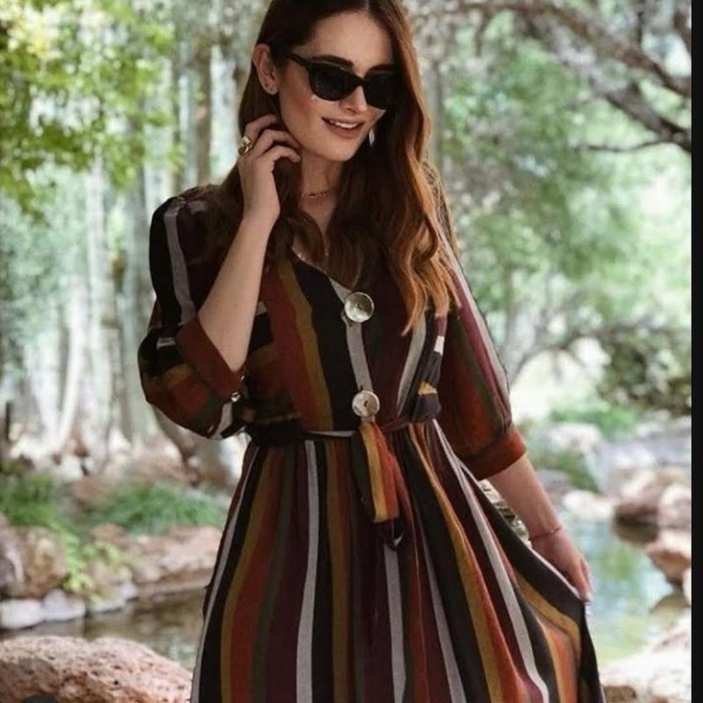 Chelsea & Theodore Multicolor Striped 3/4 Sleeve Midi Dress pockets Retro-Chic